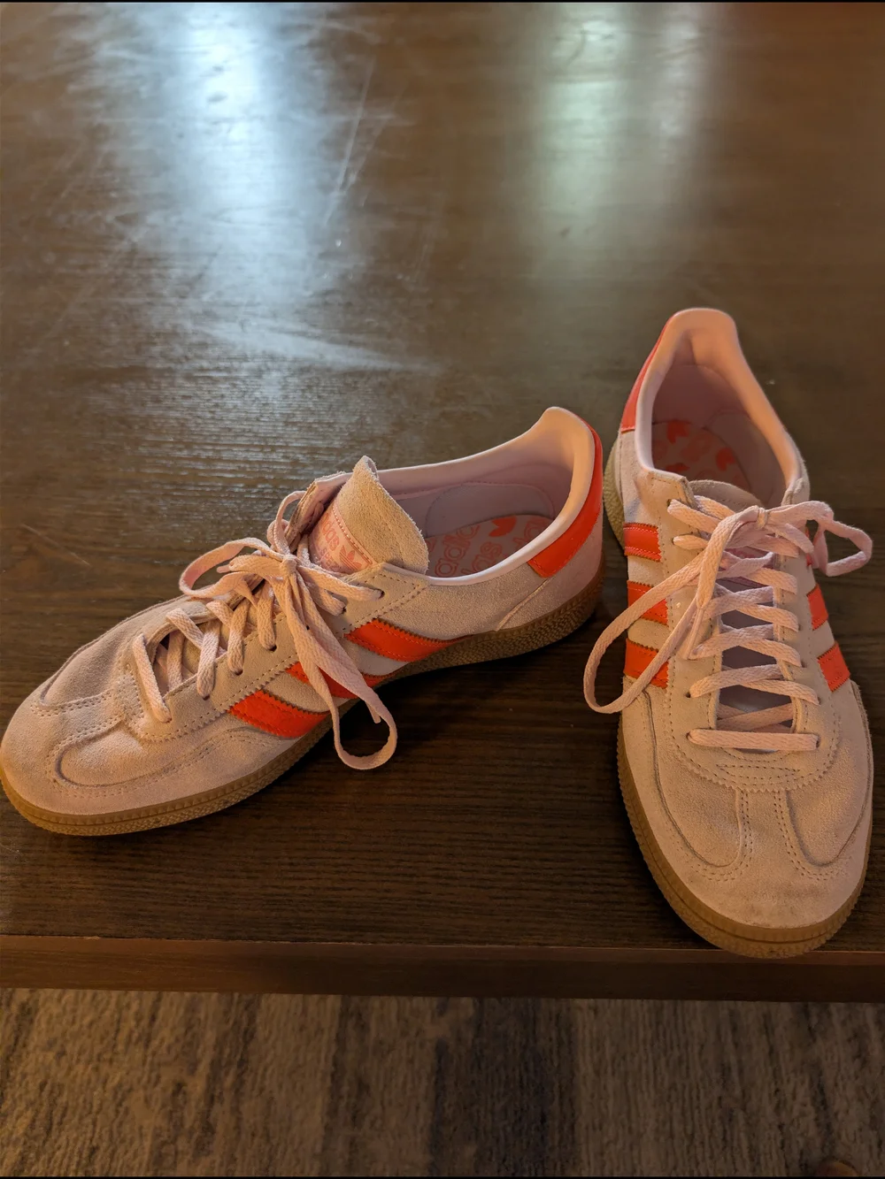 adidas Suede Sneakers in Light Pink with Orange Stripes - Picture 3 of 6